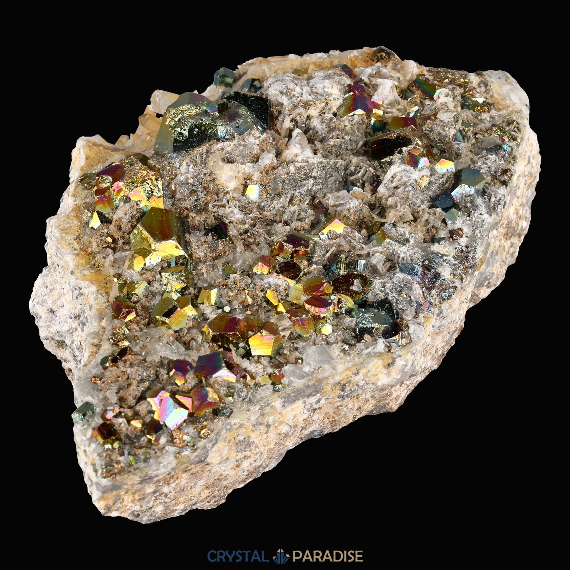 Regenbogen Pyrit an Bergkristall aus Indonesien (638g) - crystal paradise