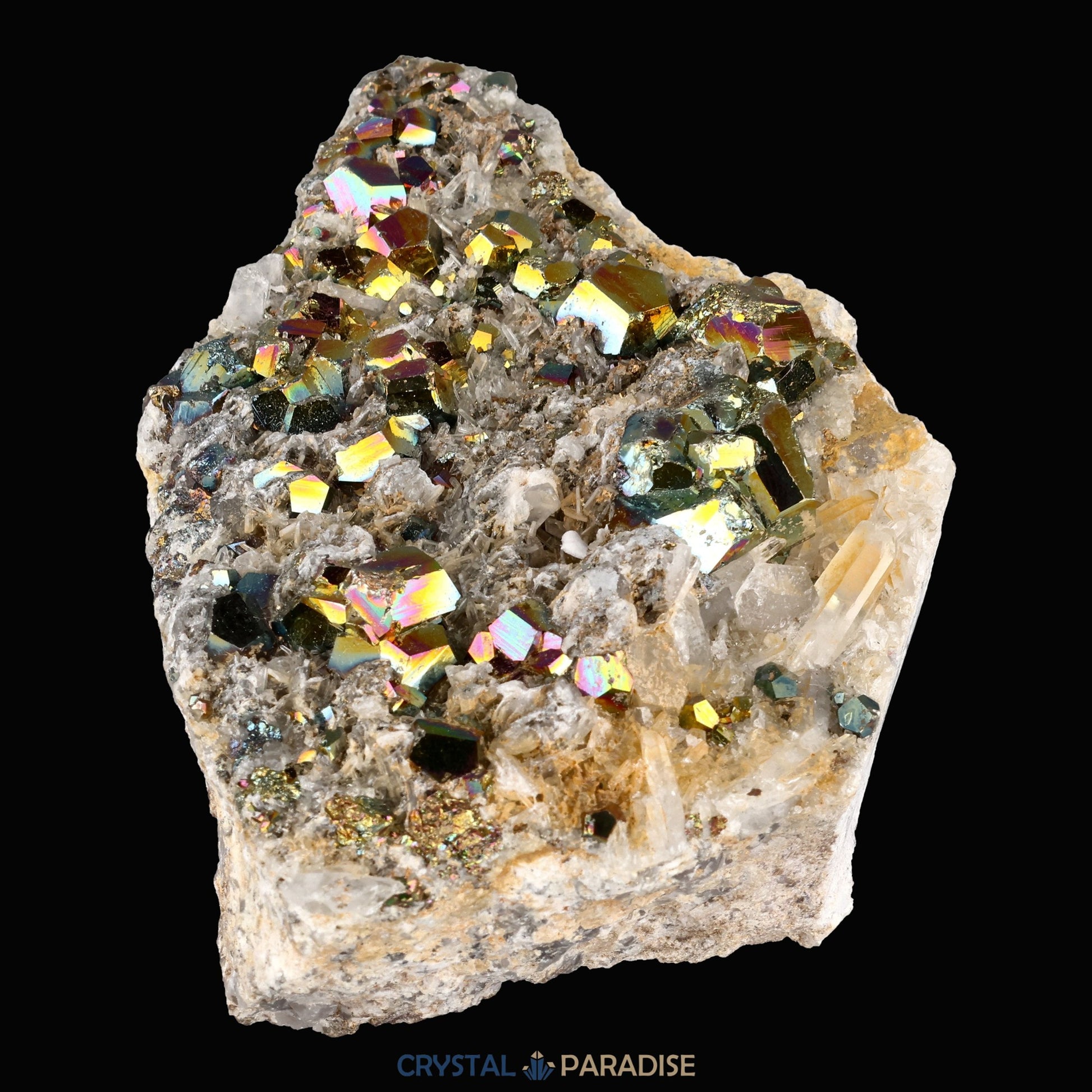 Regenbogen Pyrit an Bergkristall aus Indonesien (638g) - crystal paradise