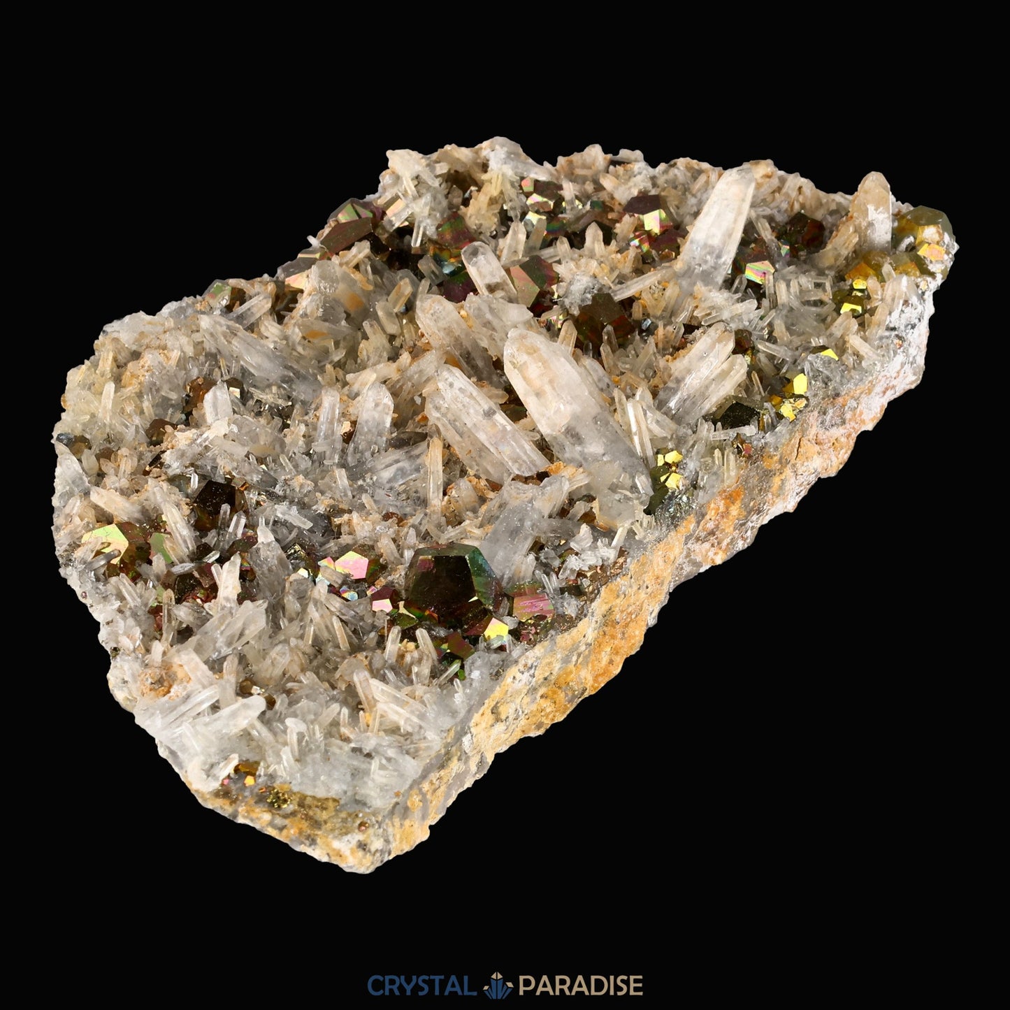Regenbogen Pyrit an Bergkristall aus Indonesien (150g) - crystal paradise