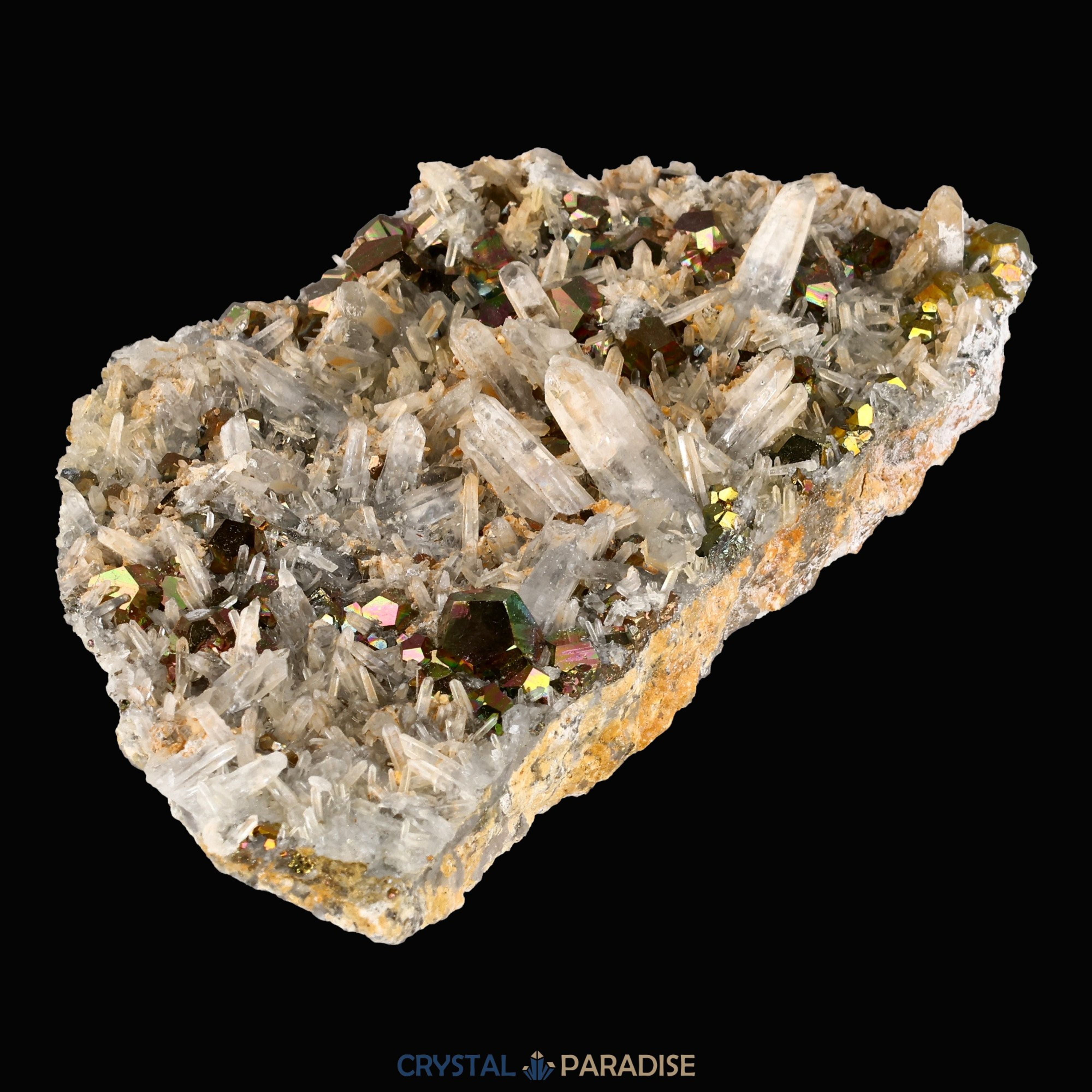Regenbogen Pyrit an Bergkristall aus Indonesien (150g) - crystal paradise