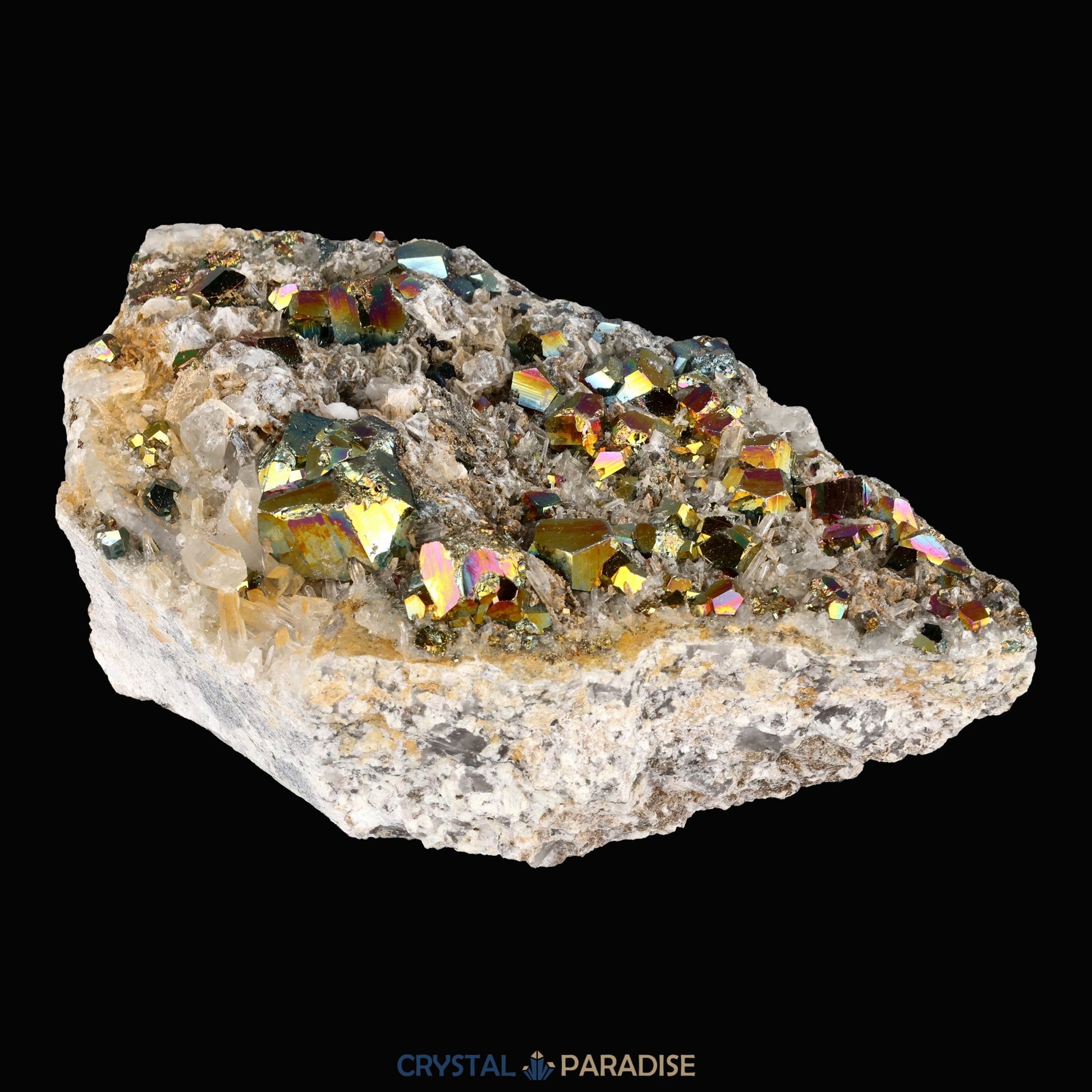 Regenbogen Pyrit an Bergkristall aus Indonesien (638g) - crystal paradise