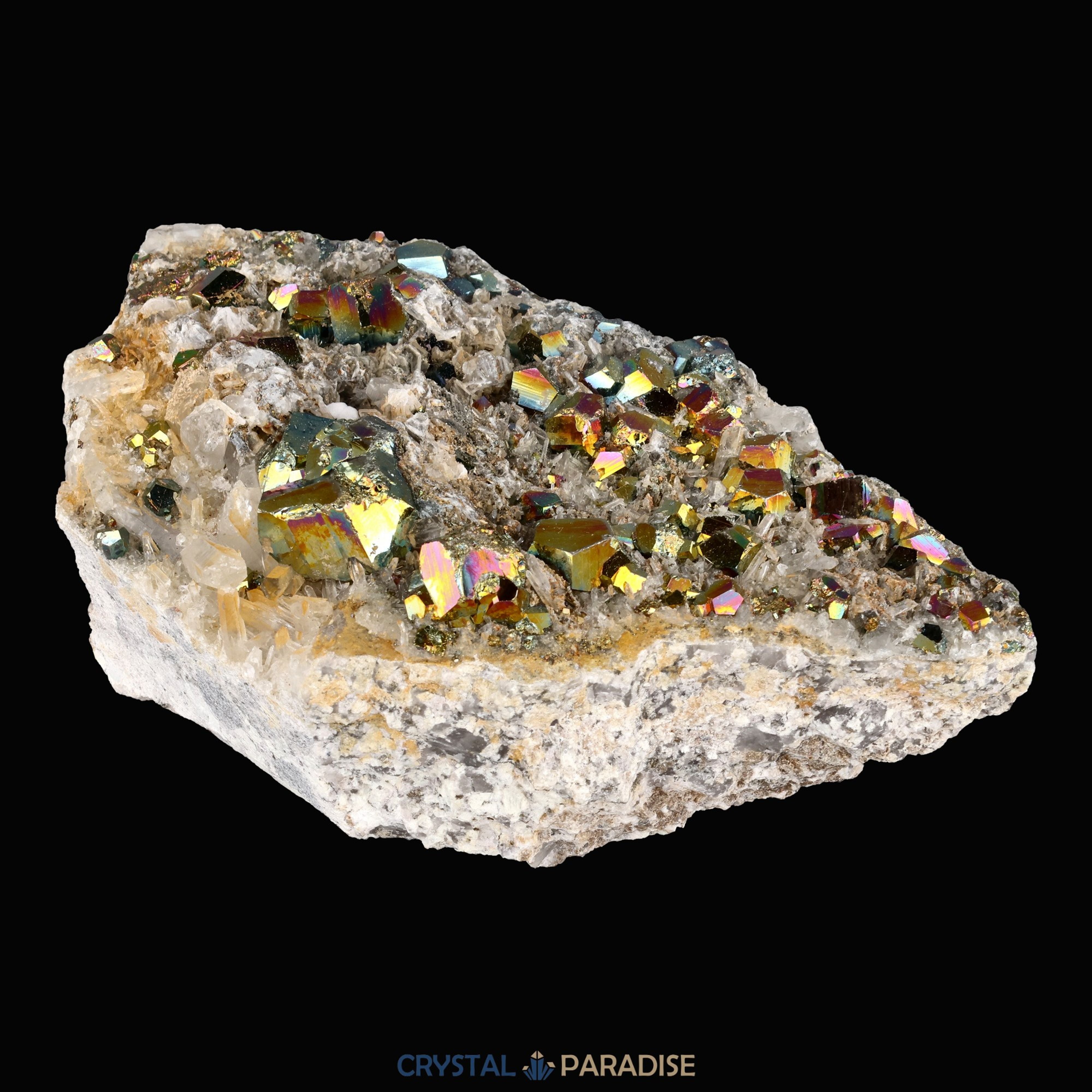 Regenbogen Pyrit an Bergkristall aus Indonesien (638g) - crystal paradise