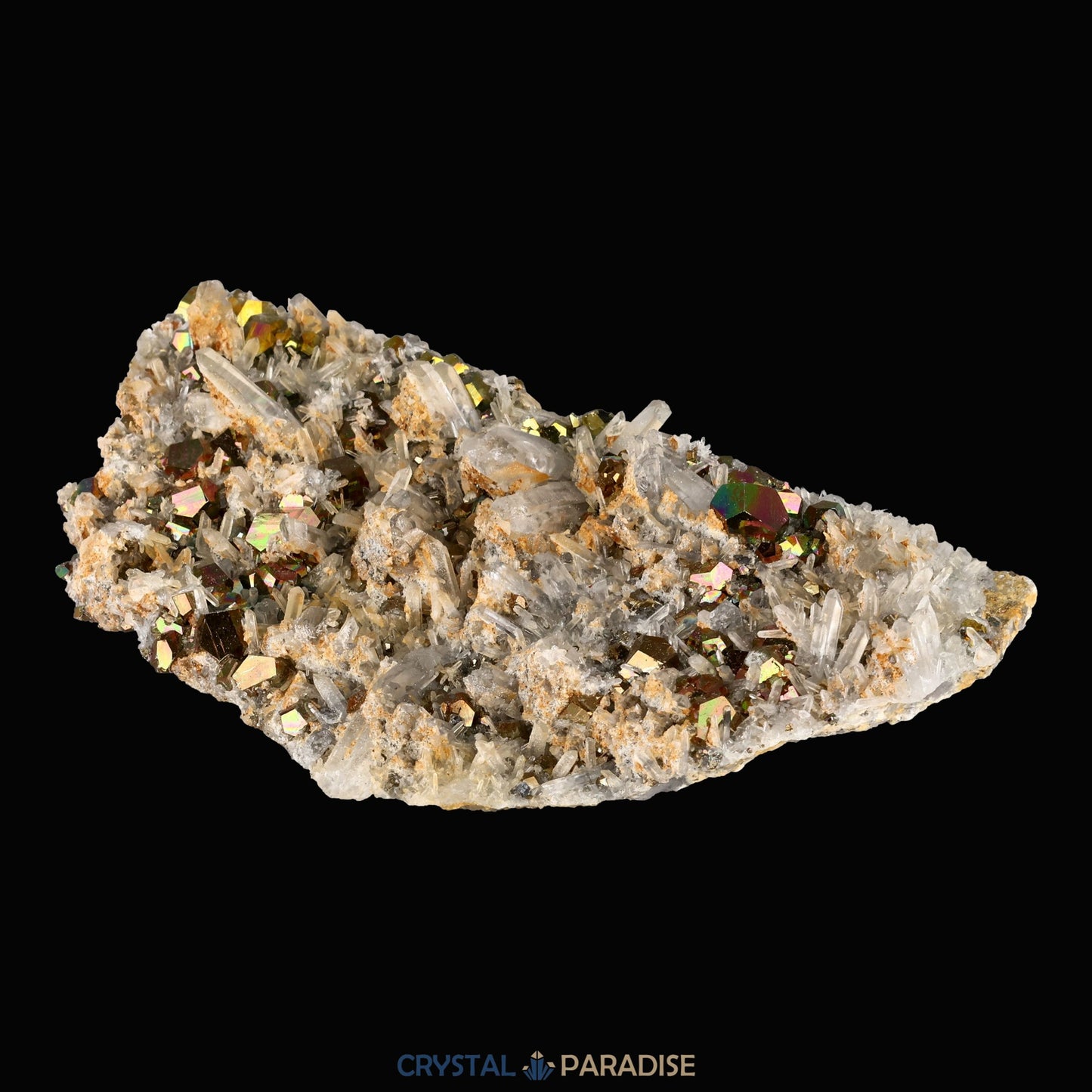 Regenbogen Pyrit an Bergkristall aus Indonesien (150g) - crystal paradise