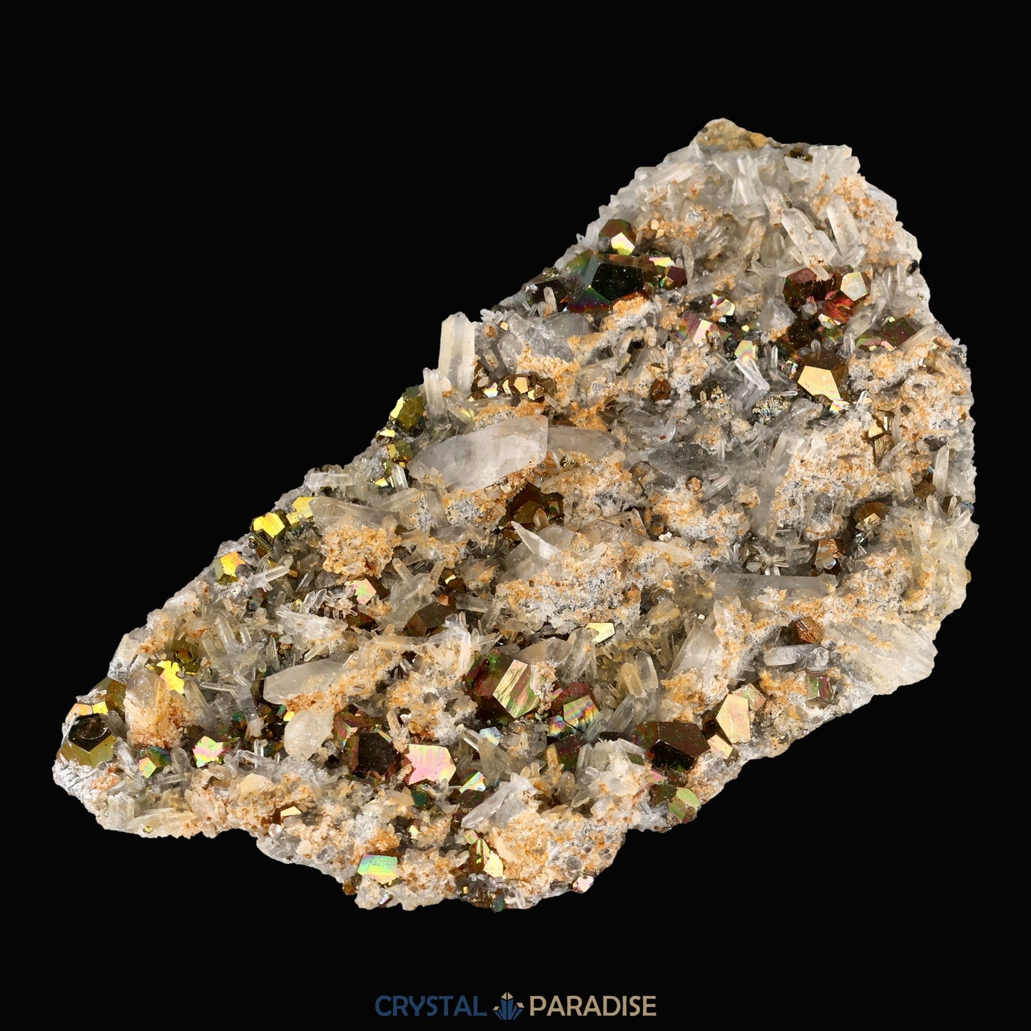 Regenbogen Pyrit an Bergkristall aus Indonesien (150g) - crystal paradise