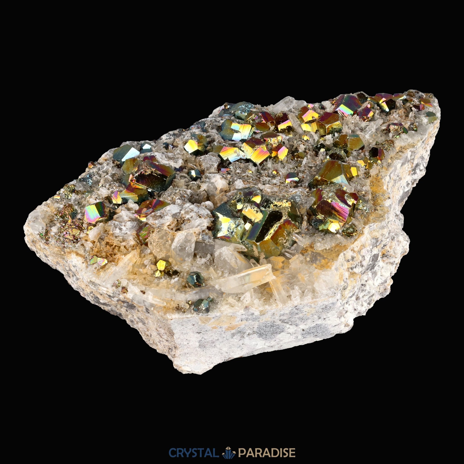 Regenbogen Pyrit an Bergkristall aus Indonesien (638g) - crystal paradise