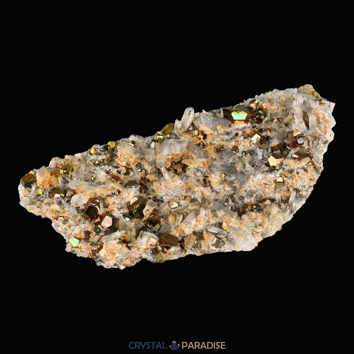 Regenbogen Pyrit an Bergkristall aus Indonesien (150g) - crystal paradise