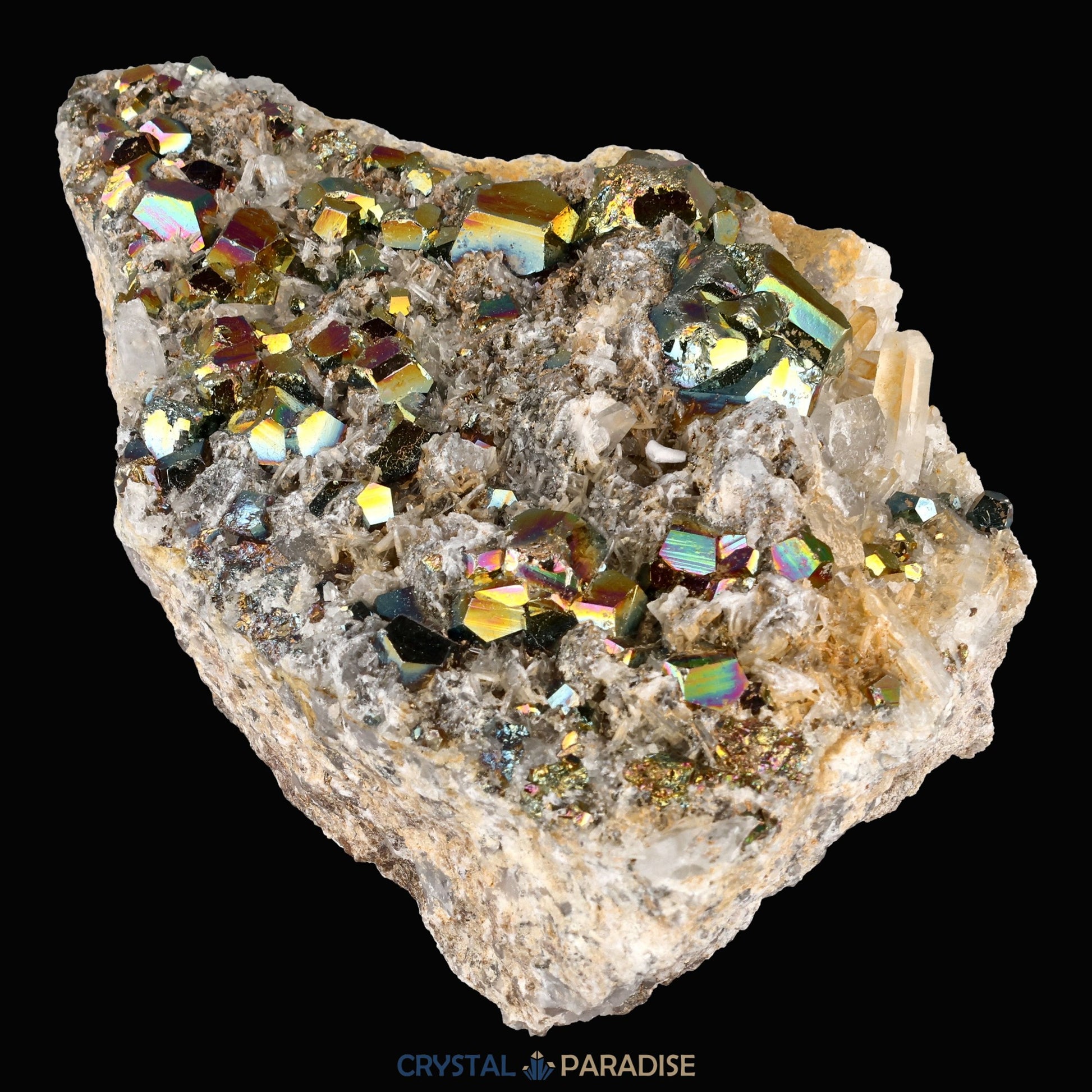 Regenbogen Pyrit an Bergkristall aus Indonesien (638g) - crystal paradise