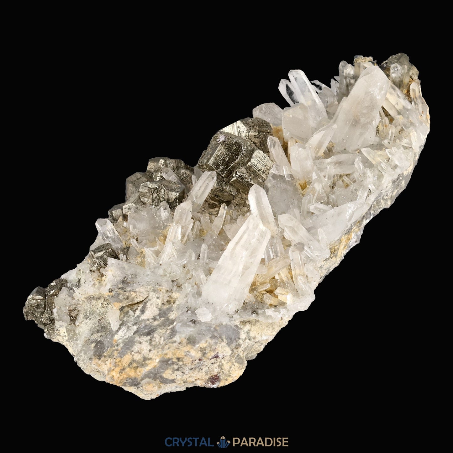 Pyrit an Bergkristall aus Indonesien (372g) - Handstufe - Schöne große Kristalle - crystal paradise
