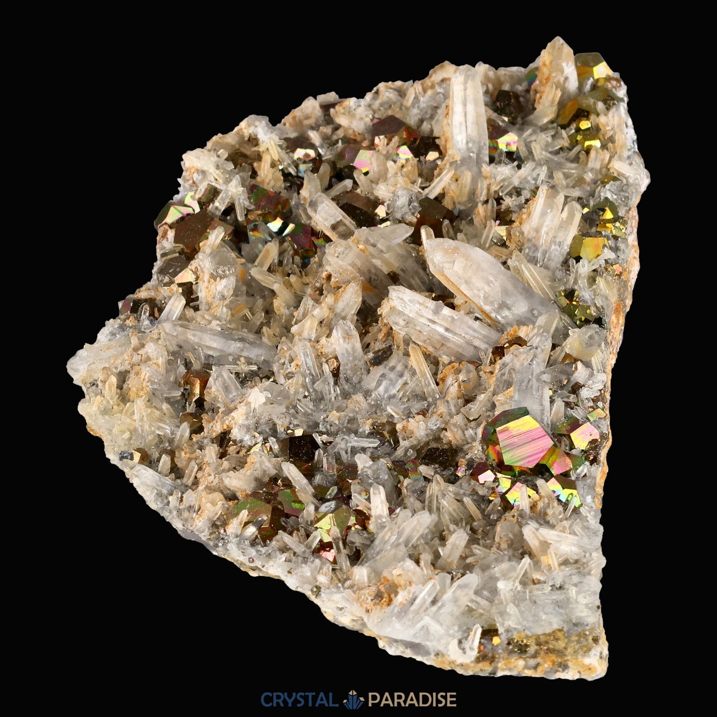 Regenbogen Pyrit an Bergkristall aus Indonesien (150g) - crystal paradise