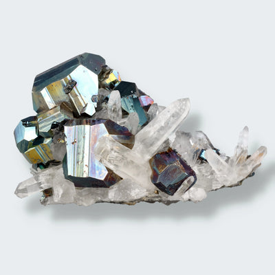 Regenbogen Pyrit an Bergkristall aus Indonesien (268g)