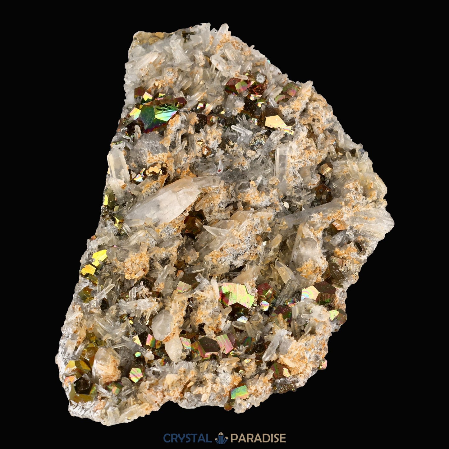 Regenbogen Pyrit an Bergkristall aus Indonesien (150g) - crystal paradise