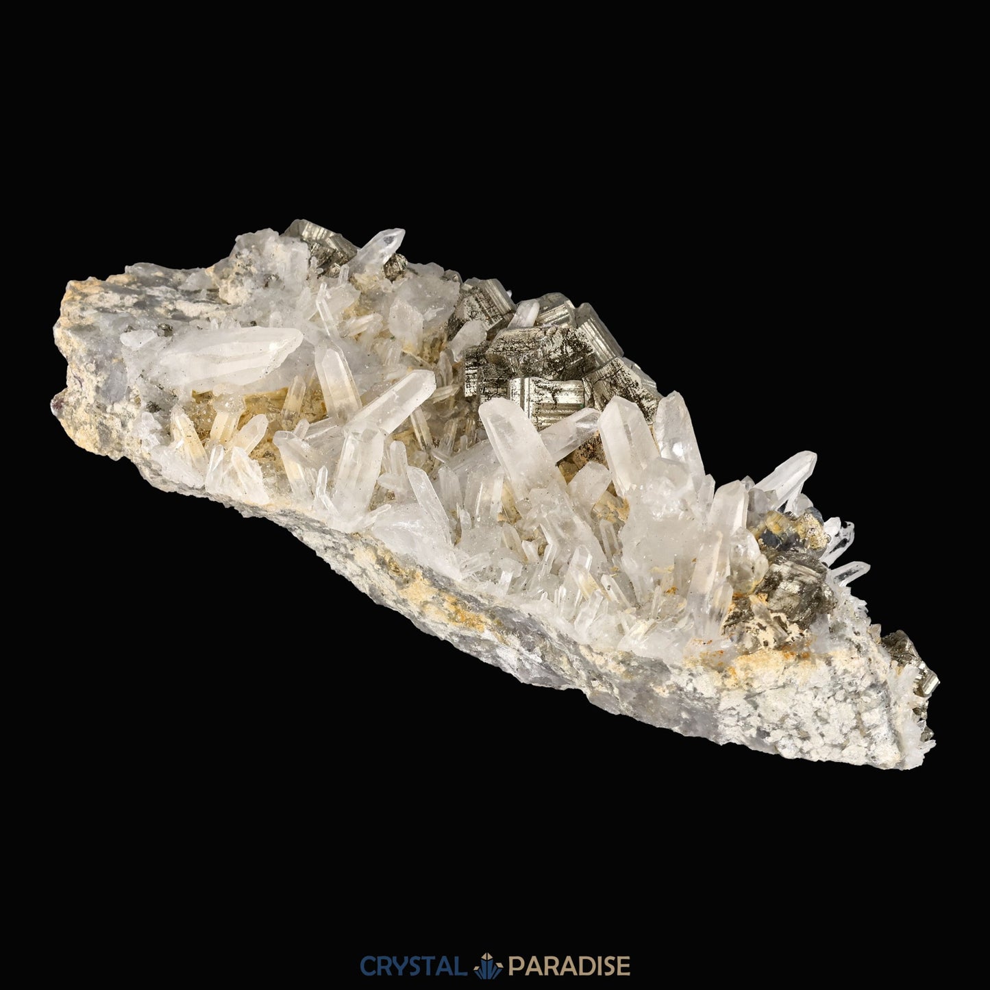 Pyrit an Bergkristall aus Indonesien (372g) - Handstufe - Schöne große Kristalle - crystal paradise