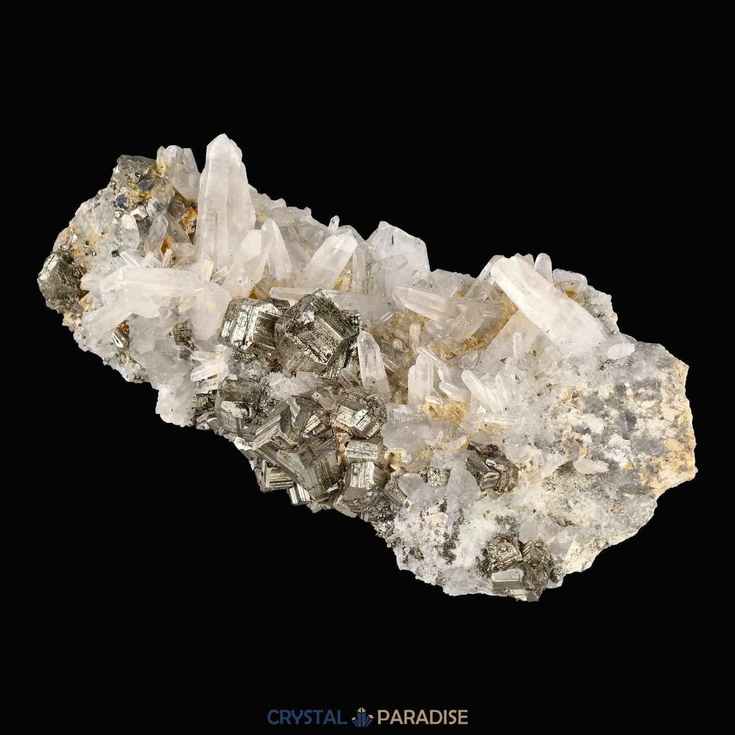 Pyrit an Bergkristall aus Indonesien (372g) - Handstufe - Schöne große Kristalle - crystal paradise