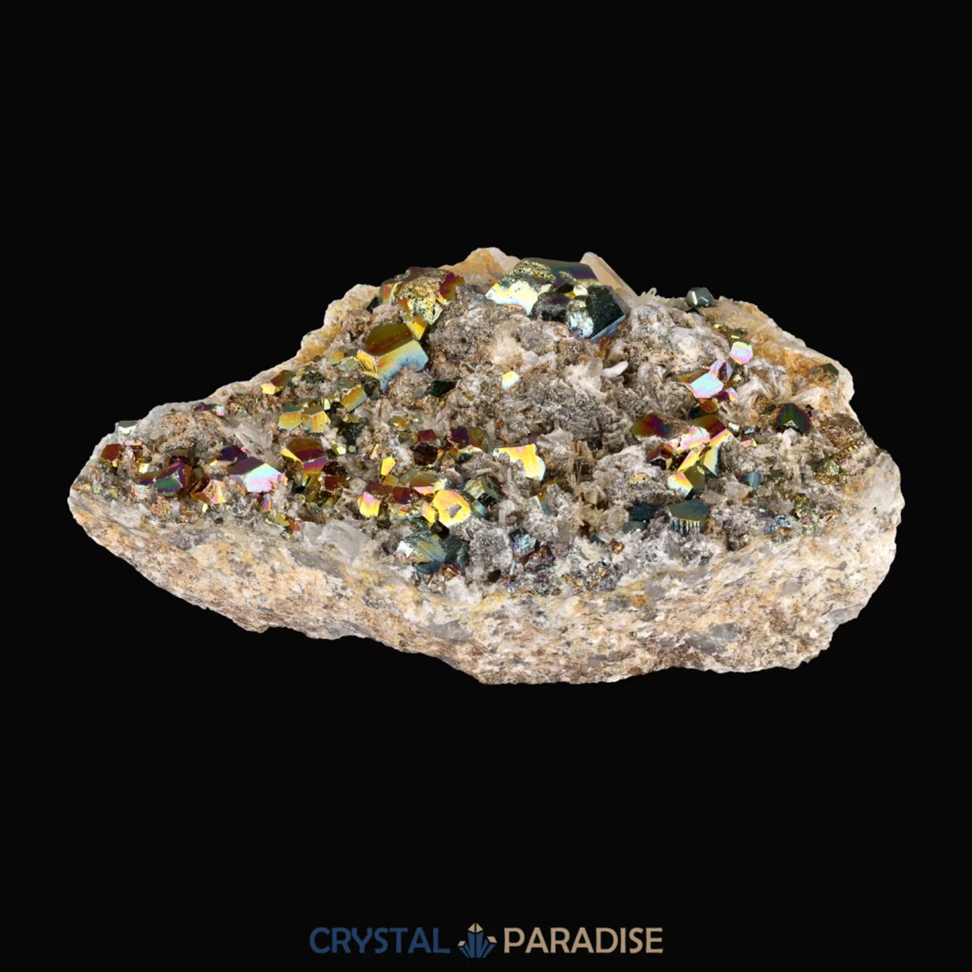 Regenbogen Pyrit an Bergkristall aus Indonesien (638g) - crystal paradise