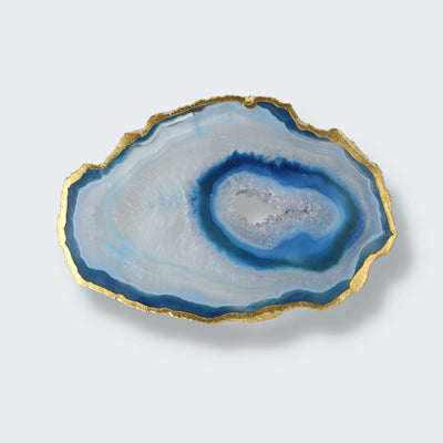 Achatscheibe blau-weiss mit Goldrand und Druzy - ca. 10 cm Durchmesser