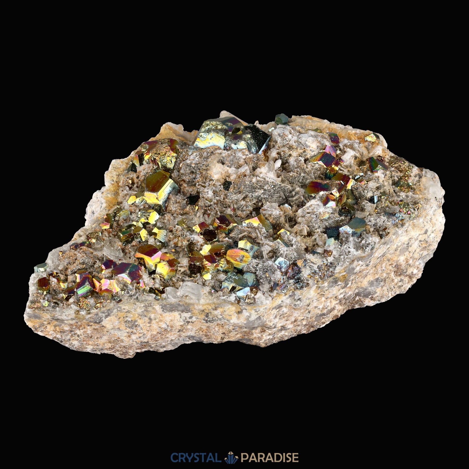 Regenbogen Pyrit an Bergkristall aus Indonesien (638g) - crystal paradise