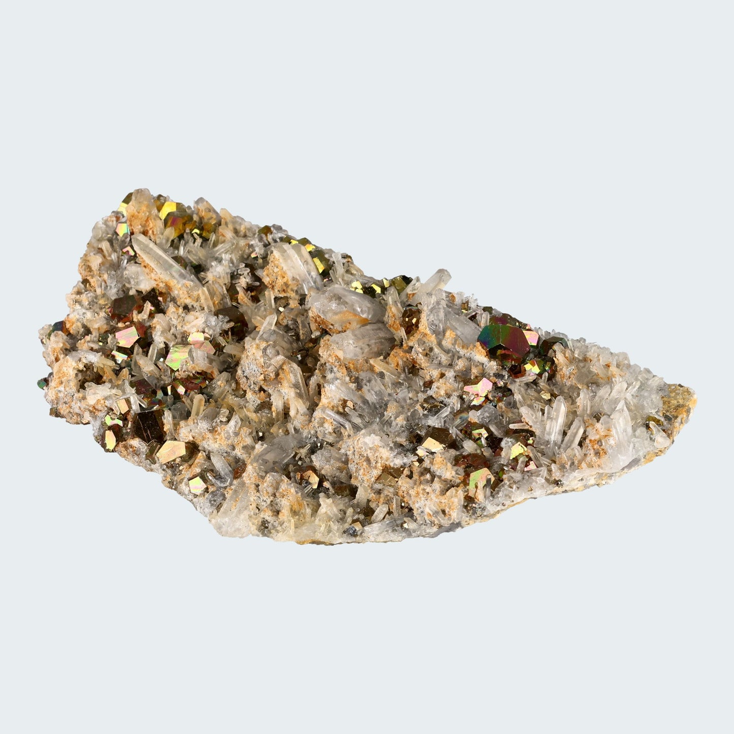 Regenbogen Pyrit an Bergkristall aus Indonesien (150g) - crystal paradise