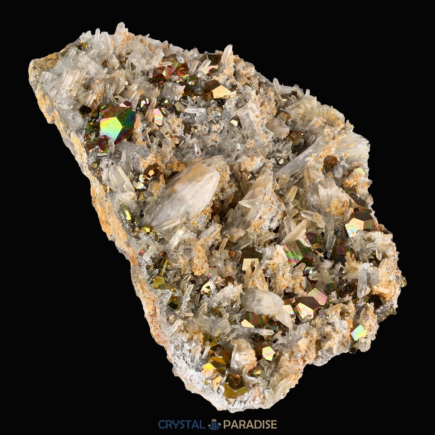 Regenbogen Pyrit an Bergkristall aus Indonesien (150g) - crystal paradise
