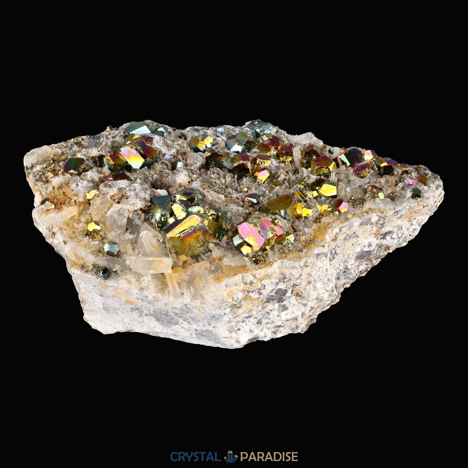 Regenbogen Pyrit an Bergkristall aus Indonesien (638g) - crystal paradise