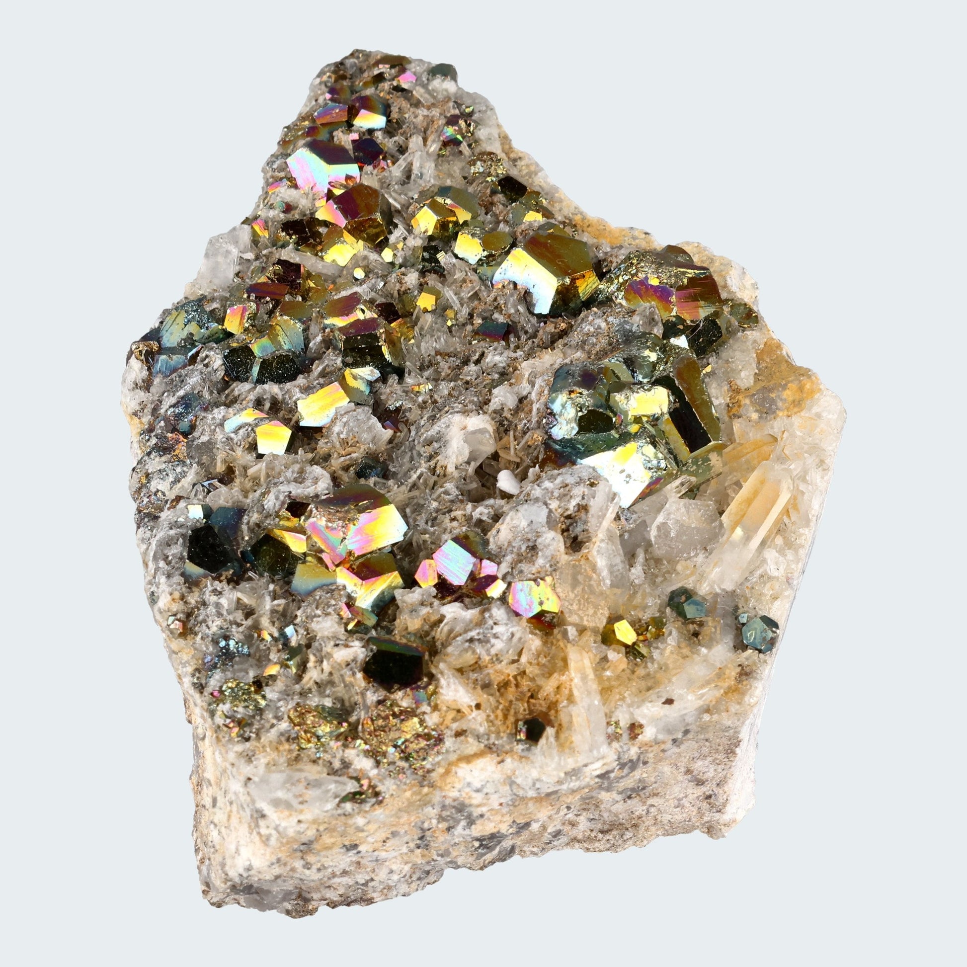 Regenbogen Pyrit an Bergkristall aus Indonesien (638g) - crystal paradise