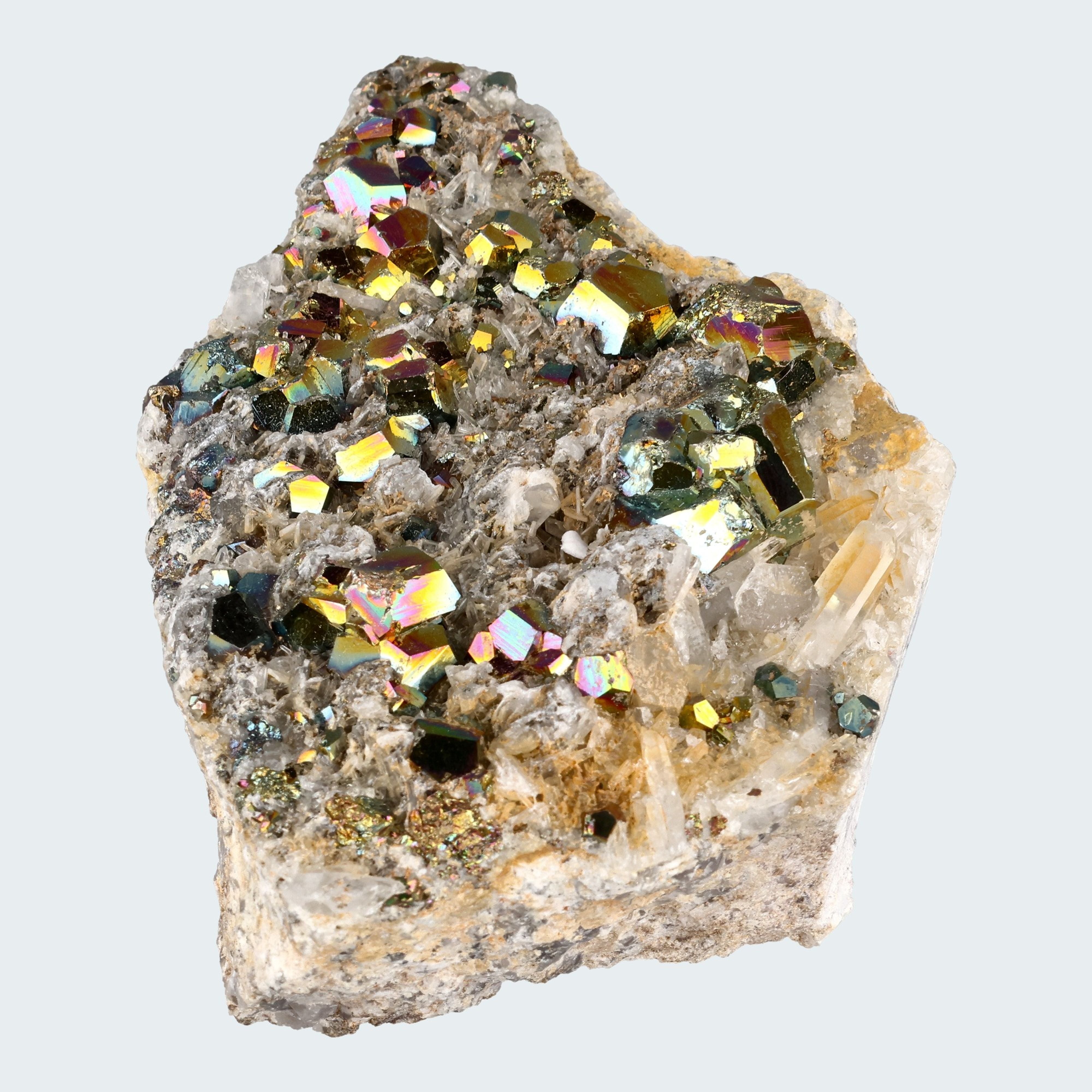 Regenbogen Pyrit an Bergkristall aus Indonesien (638g) - crystal paradise