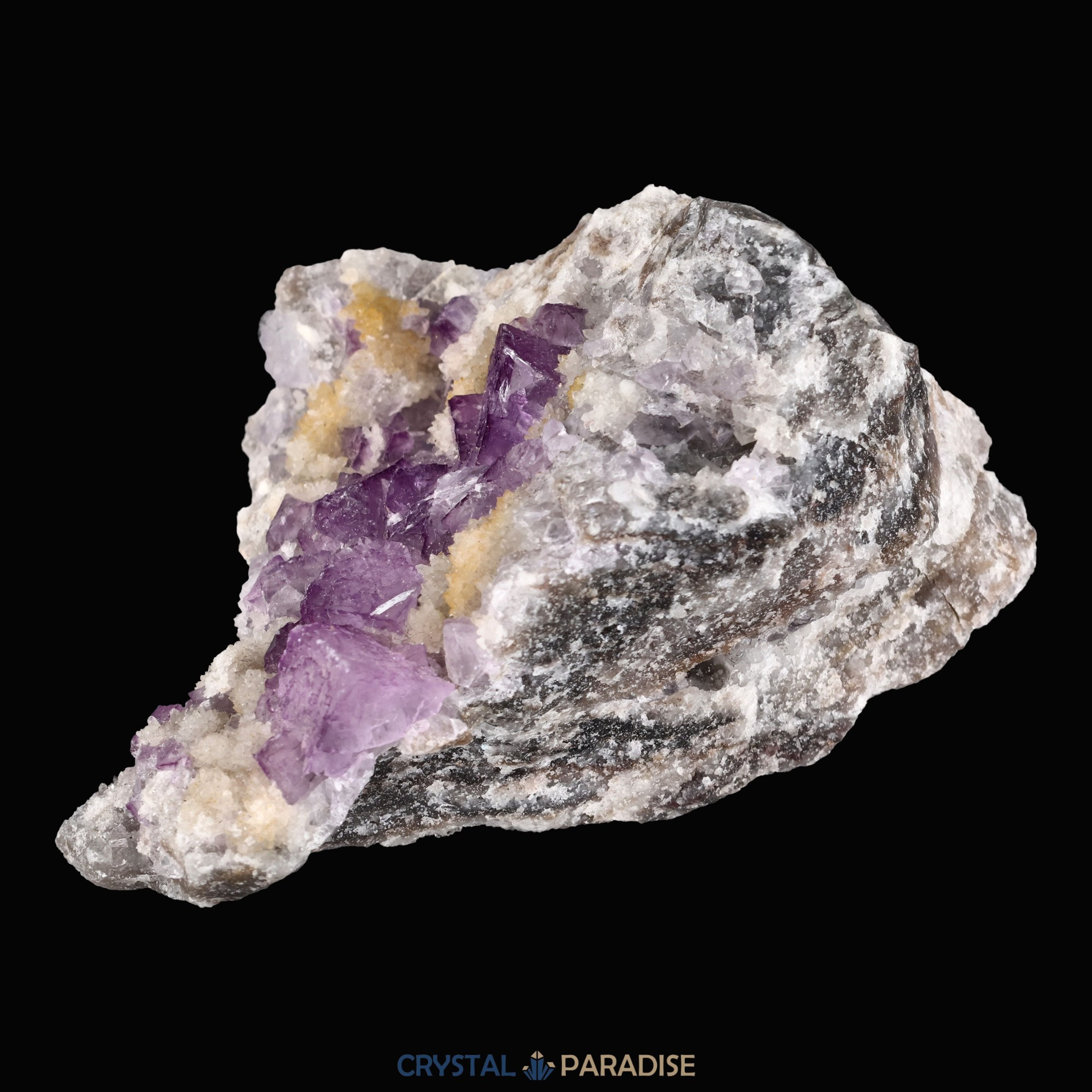 Violetter Fluorit aus Mexiko mit weissen und gelben Quarz Anlagerungen (121g) – Ansicht 6