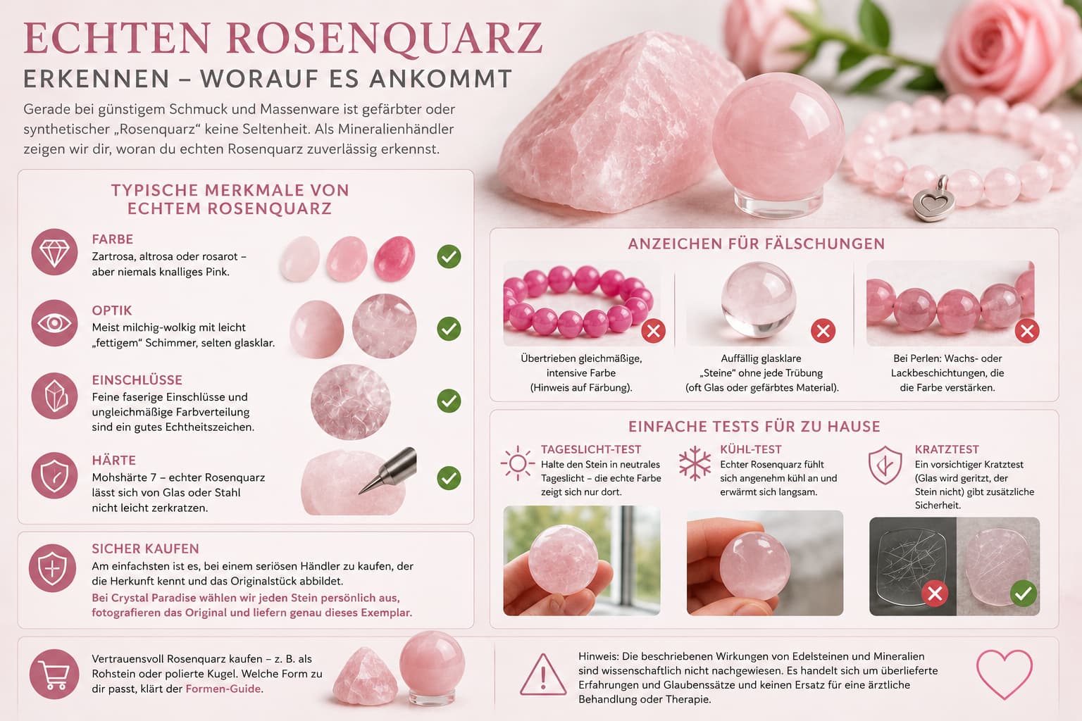 Rosenquarz Fälschung erkennen echter rosafarbener Kristall Vergleich