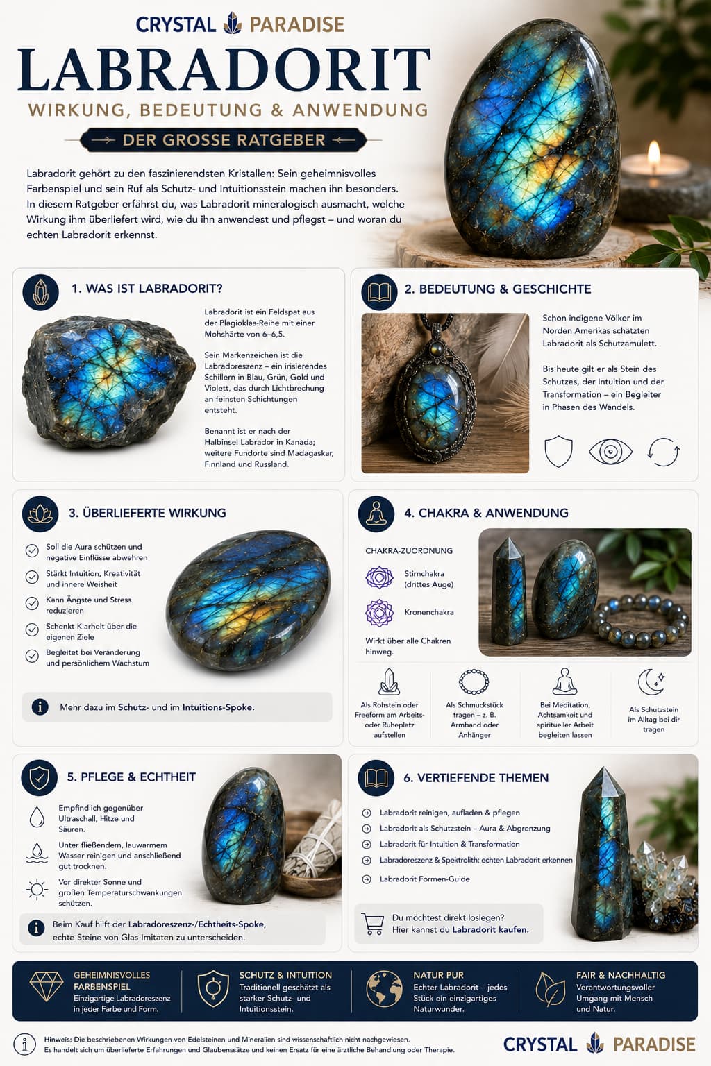 Polierter Labradorit Heilstein mit blau-grünem Labradoreszenz-Schimmer, flache Cabochon-Form