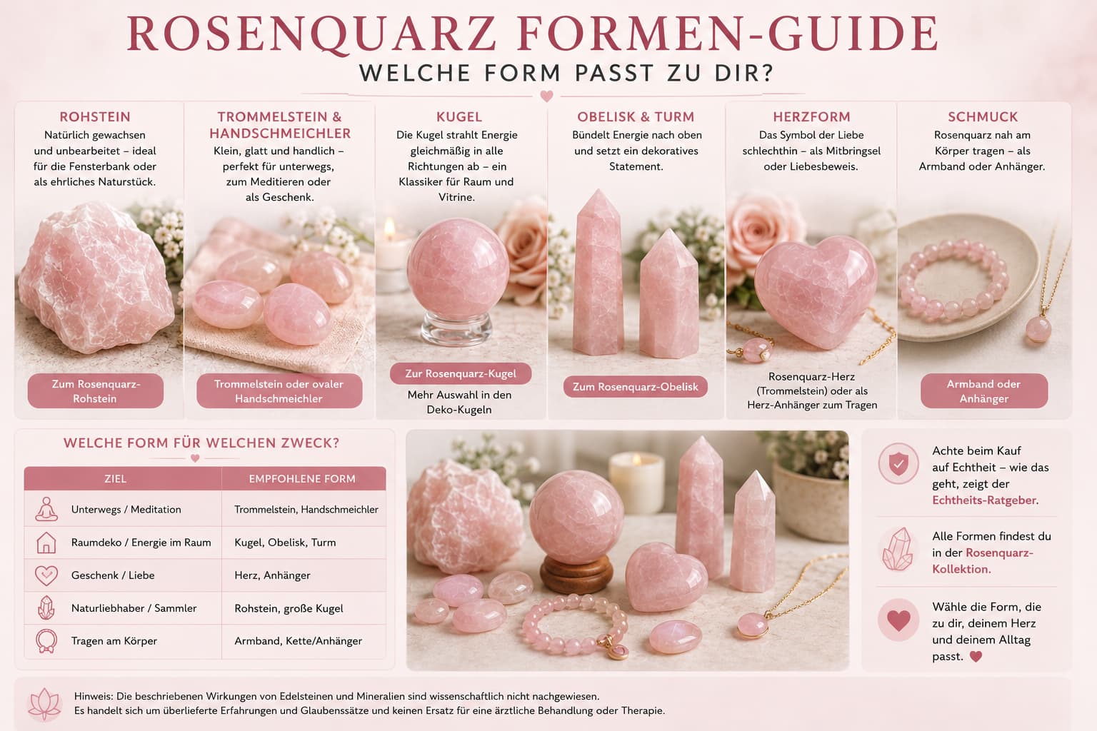 Rosenquarz Formen: Kugel, Obelisk, Herz & Co