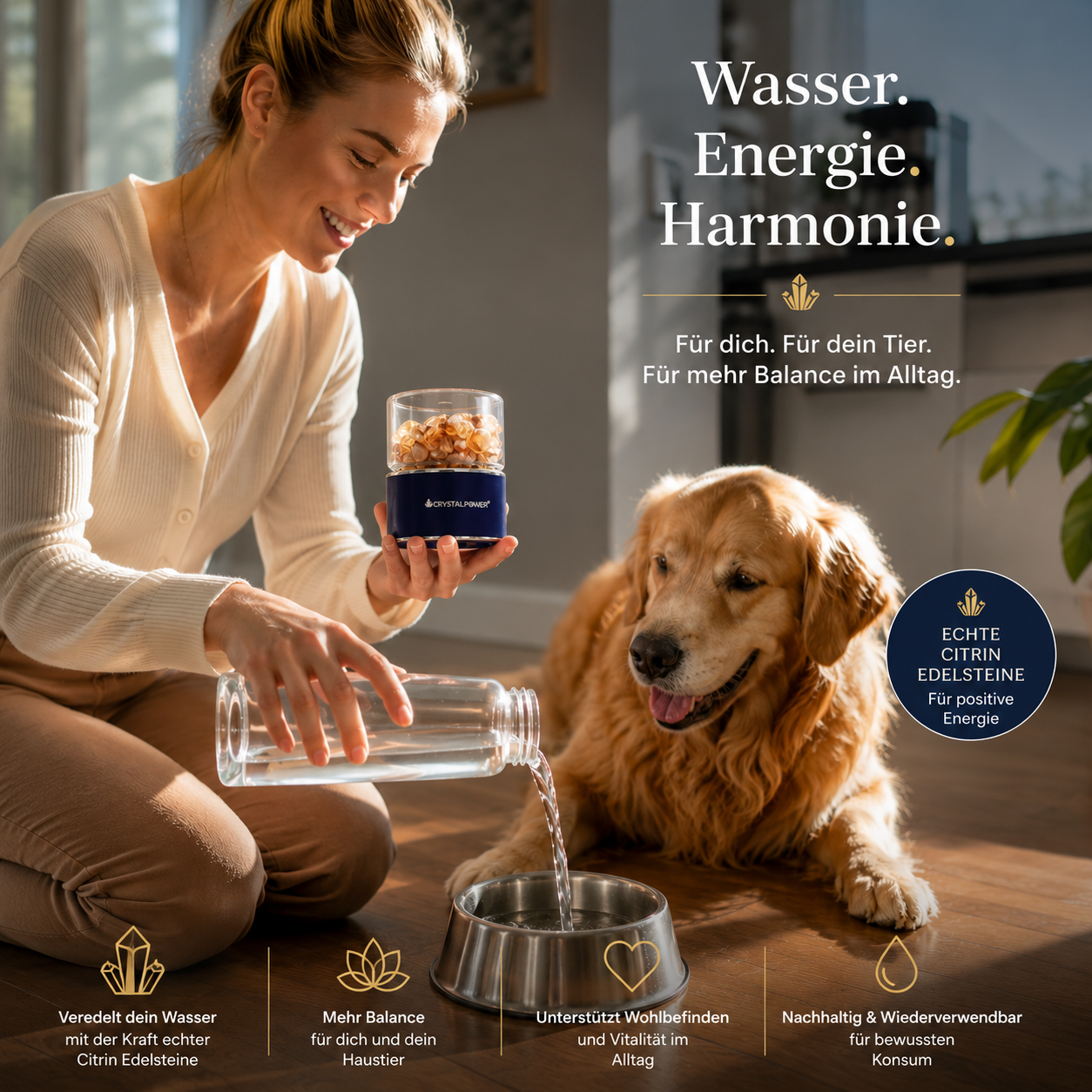 Citrin-Wasser Sonnenstein für Mensch und Hund Anwendung Kristallparadise