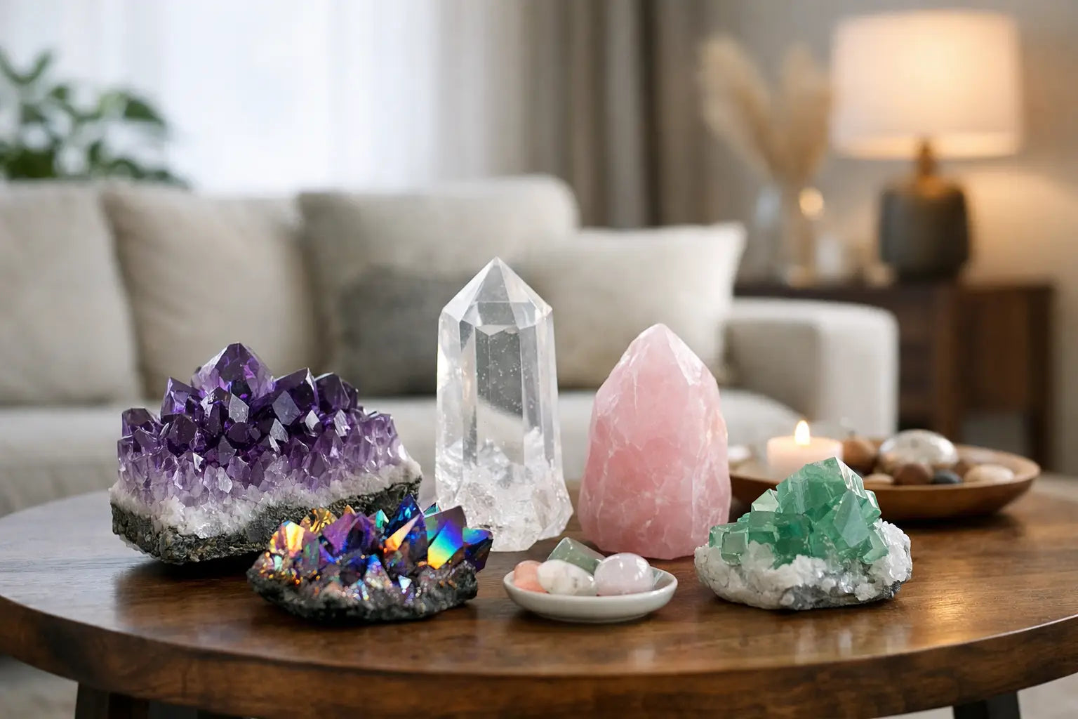 Große Amethyst-Druse in Violett und polierte Rosenquarz-Kugel als dekorative Kristalle für Wohnräume