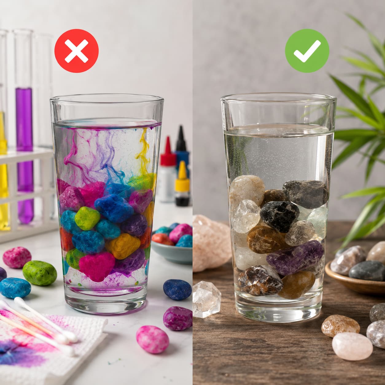Gefärbte Wassersteine: Warum Farbe im Trinkglas ein Problem ist