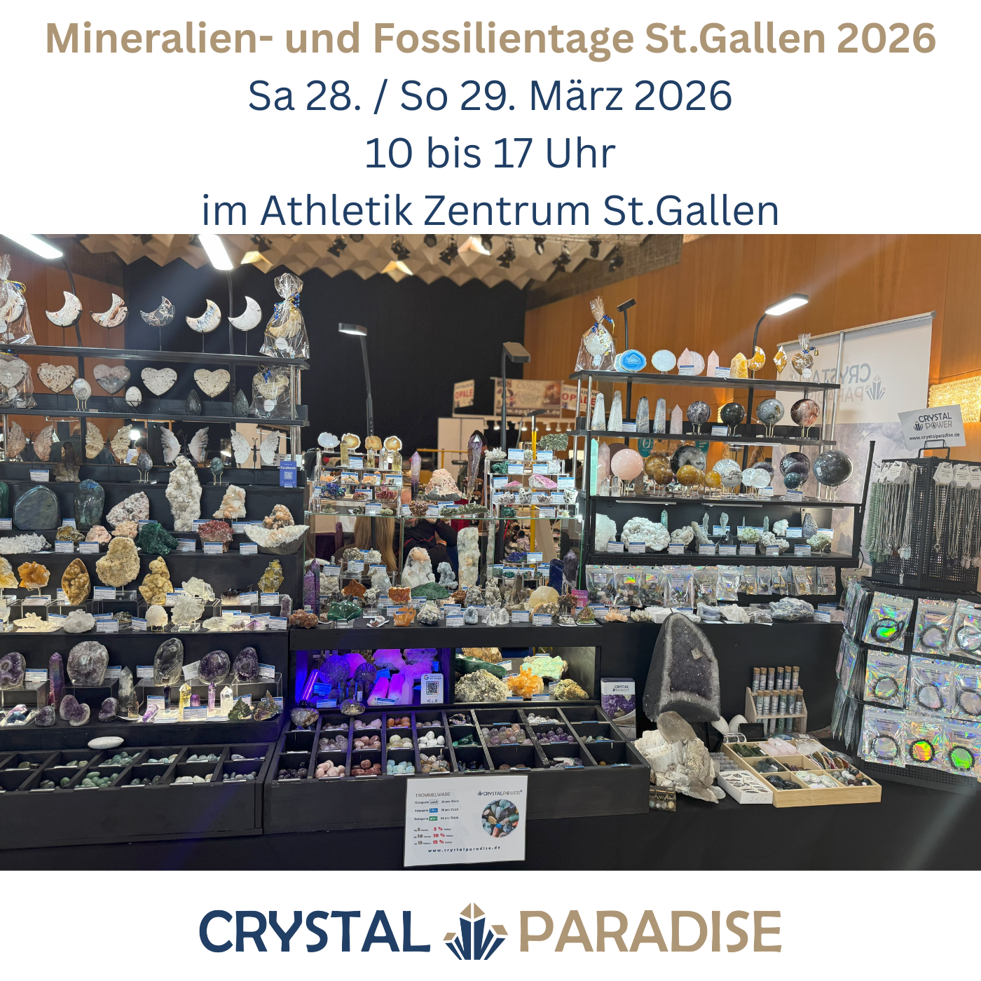 Crystal Paradise Stand auf den Mineralientage St.Gallen 2026 mit Kristallen und Mineralien