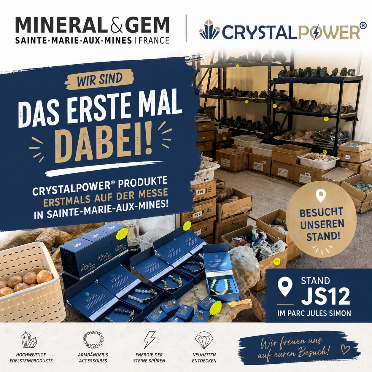 CRYSTALPOWER-Stand auf der Mineralienmesse Sainte-Marie-aux-Mines 2026 mit Kristallprodukten und Wasserflaschen