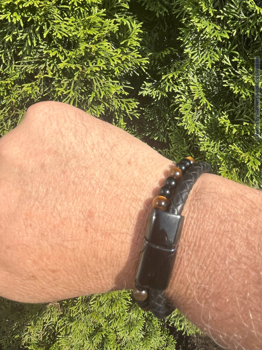 Armband aus Tigerauge-Perlen 6 mm mit Leder- verschiedene Varianten - 1 Stück