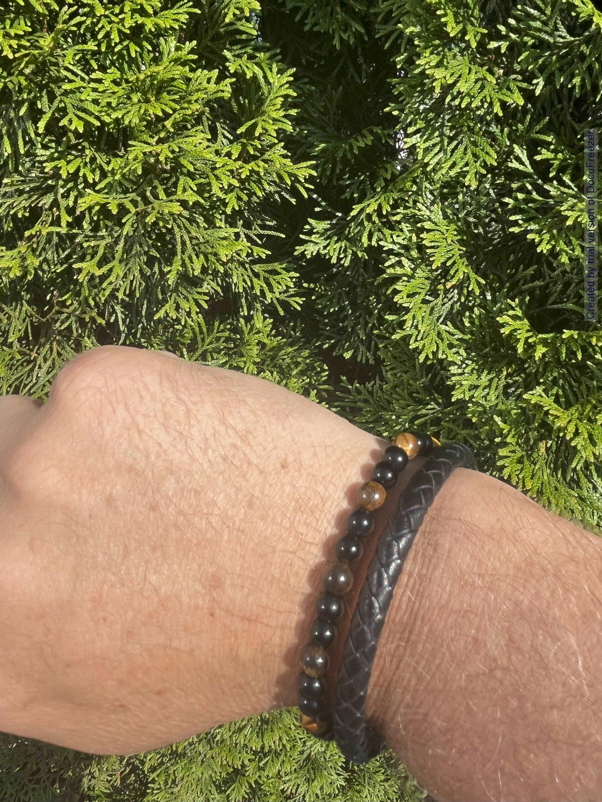 Armband aus Tigerauge-Perlen 6 mm mit Leder- verschiedene Varianten - 1 Stück