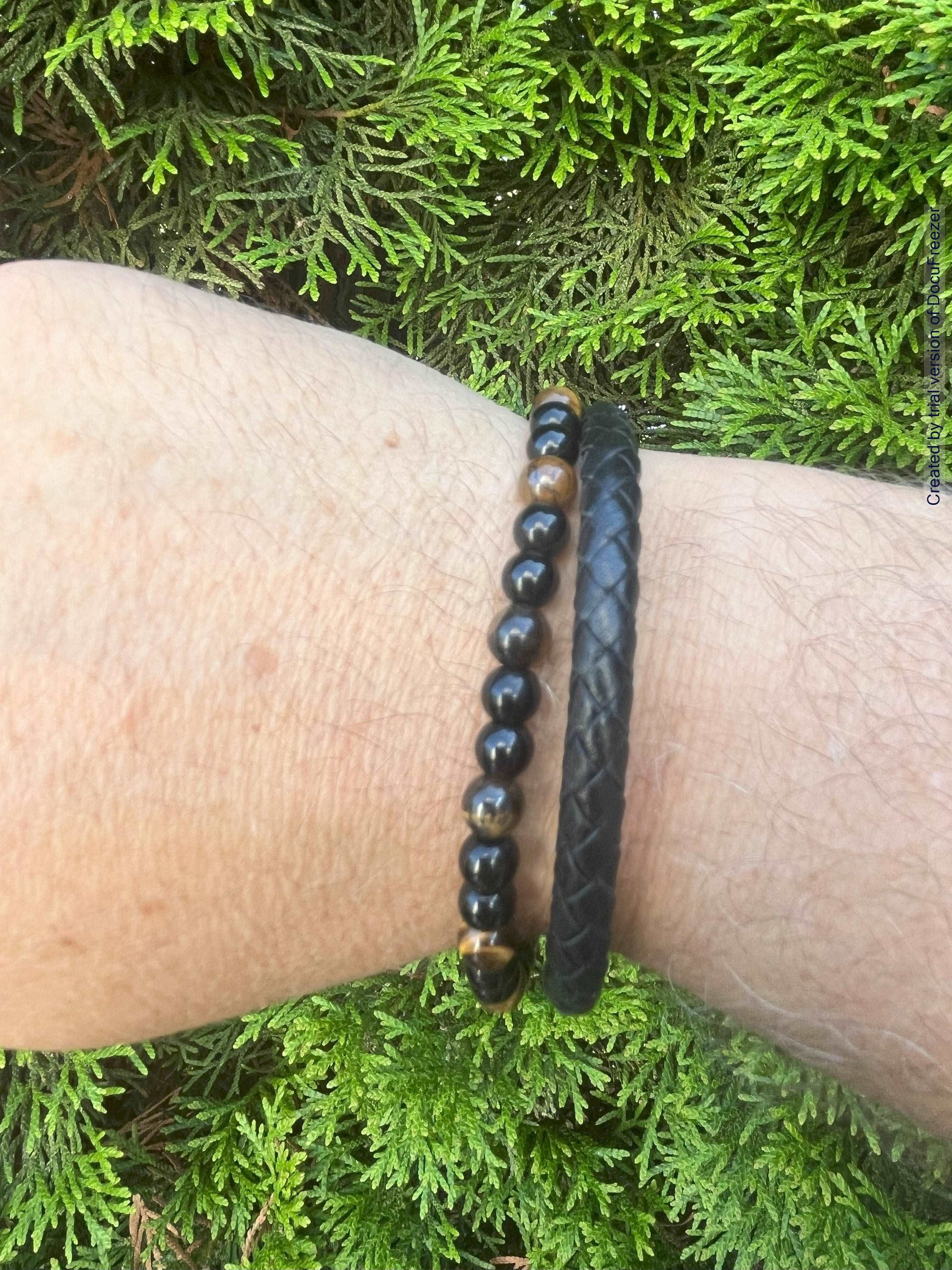 Armband aus Tigerauge-Perlen 6 mm mit Leder- verschiedene Varianten - 1 Stück