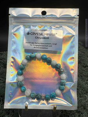Bracelet en perles de chrysocolle et pierre de lune 8 mm avec breloque