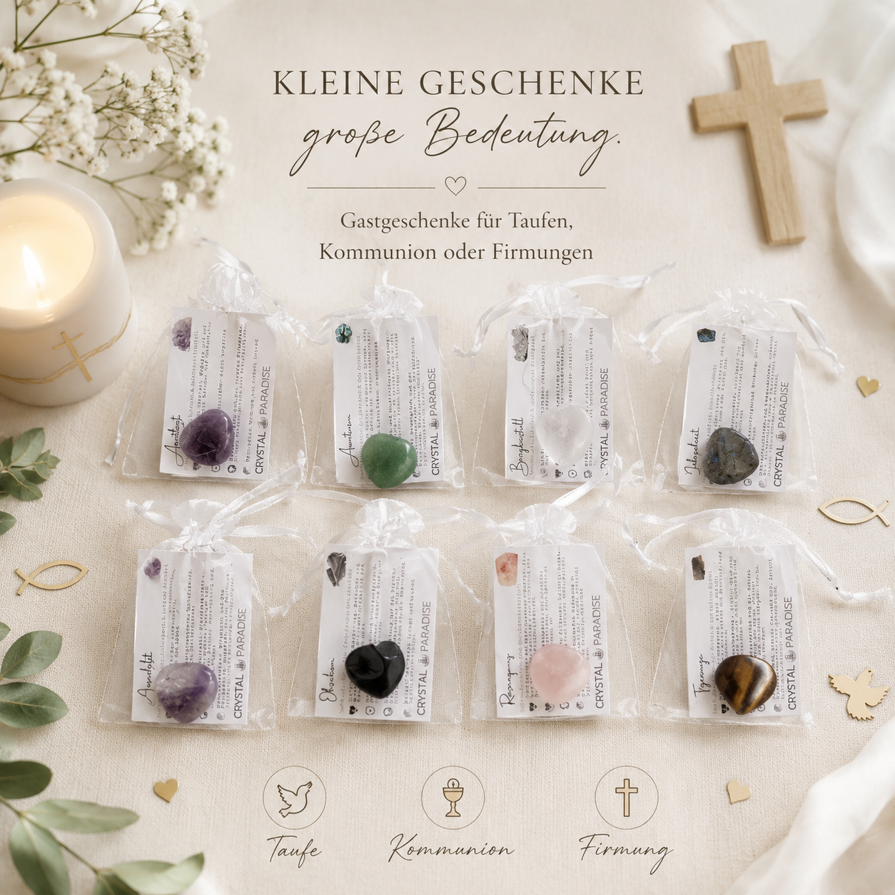 Poliertes Edelstein-Herz in Rosa mit Geschenkkarte und Organza-Säckchen – Gastgeschenk Taufe