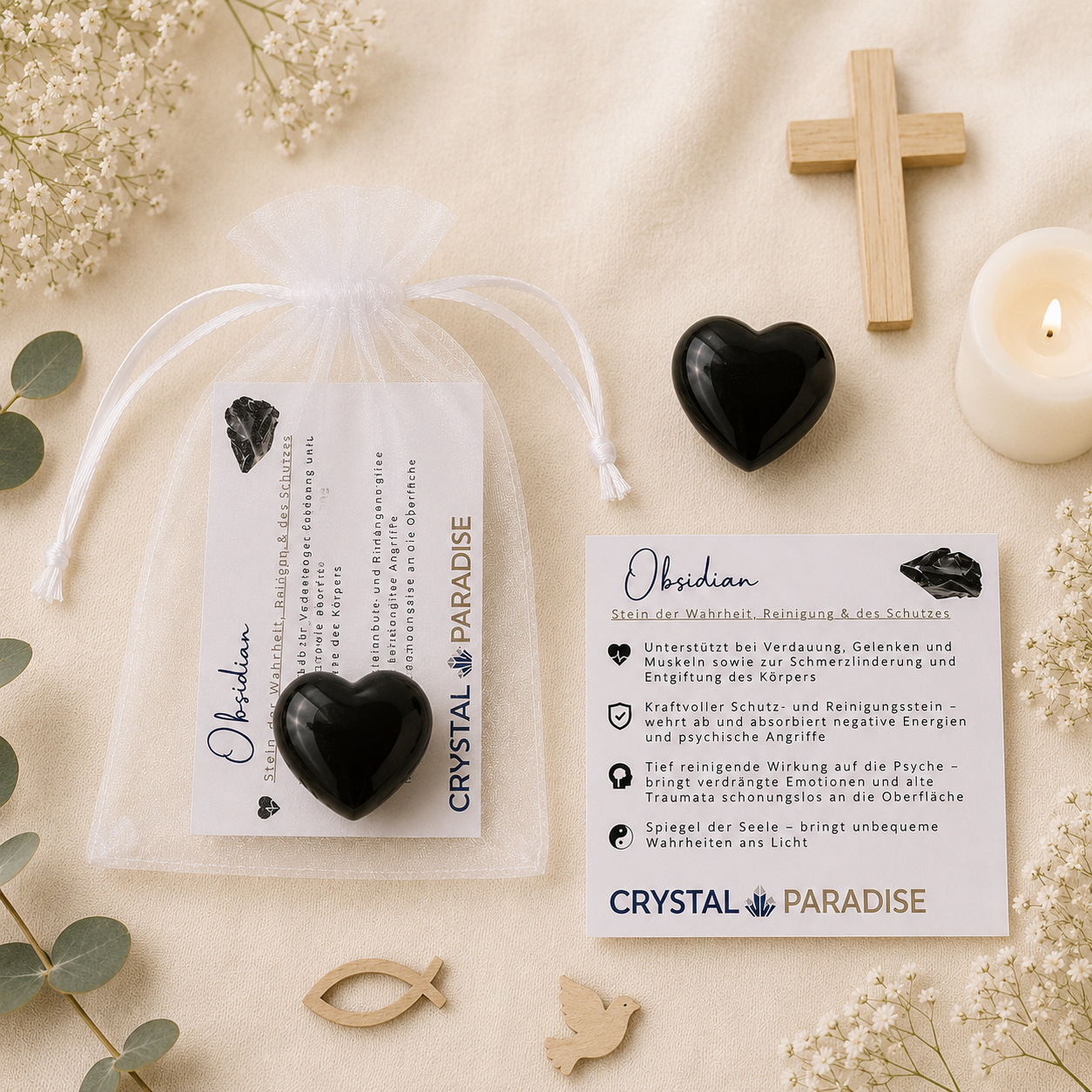 Gastgeschenk Taufe, Kommunion, Firmung | Edelstein-Herz mit Karte & Säckchen