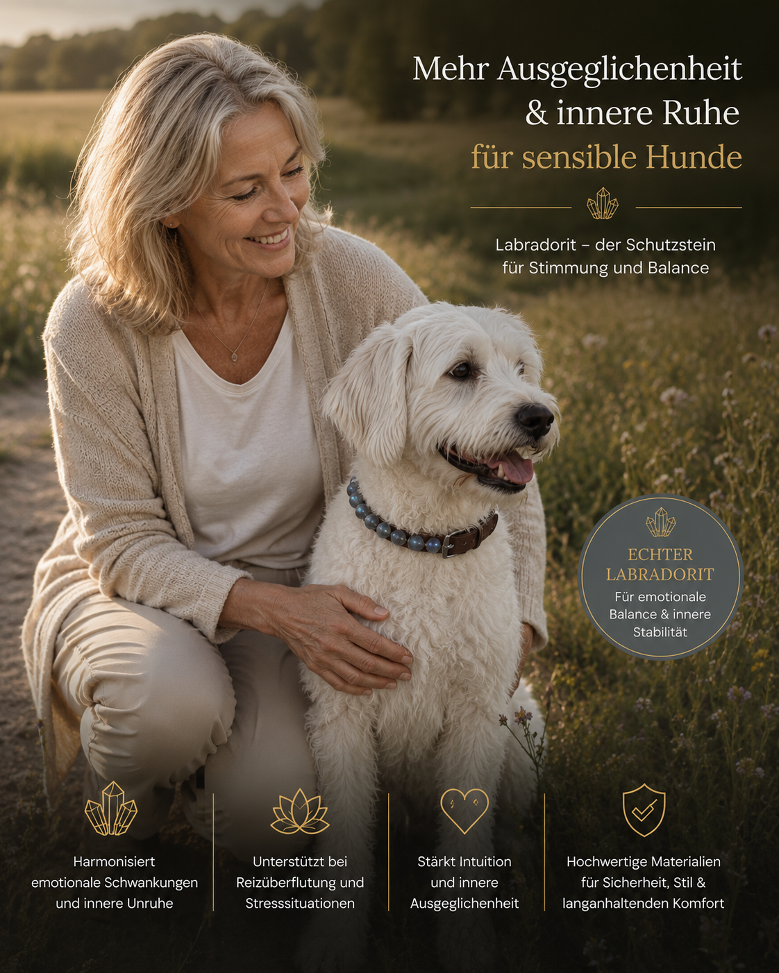 Labradorit–wirkt ausgleichend bei Stimmungsschwankungen - Hundehalsband crystalpower®