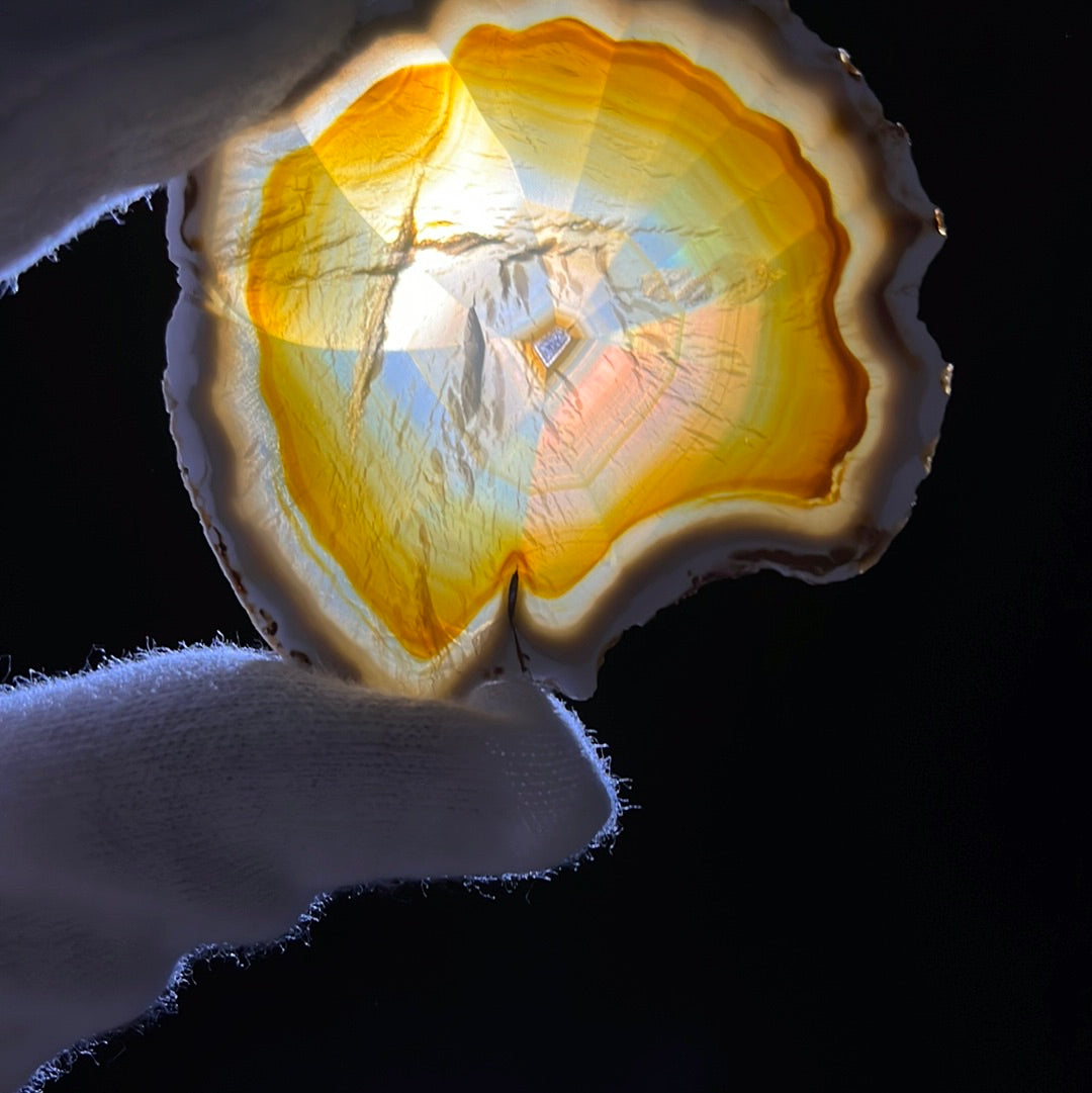 Iris Achatscheibe gelb-braun mit weissem Rand und super tollem Regenbogen Farbenspiel (13g) - ~6,5x6cm - crystal paradise