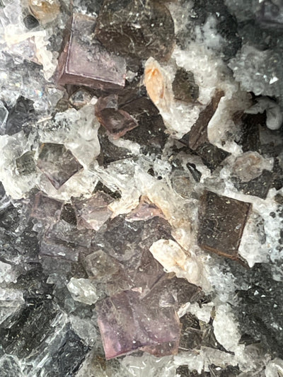 Violetter Fluorit aus Mexiko mit weissen Quarz Anlagerungen (957g) - Grossstufe mit vielen Fluoritwürfeln - crystal paradise