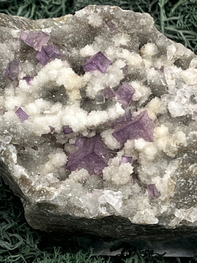 Violetter Fluorit aus Mexiko mit weissen Quarz Anlagerungen (593g) - Grossstufe mit vielen Fluoritwürfeln und Quarzblumen - crystal paradise