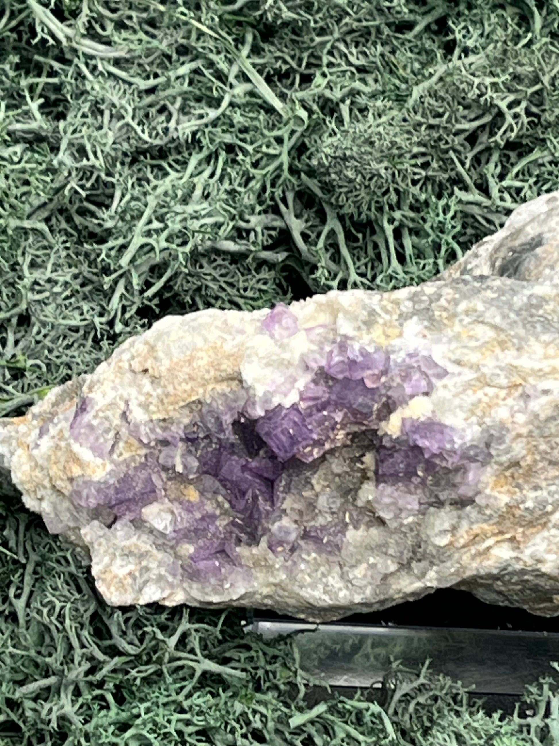 Violetter Fluorit aus Mexiko mit weissen und gelben Quarz Anlagerungen (469g) - Handstufe mit vielen Fluoritwürfeln - crystal paradise