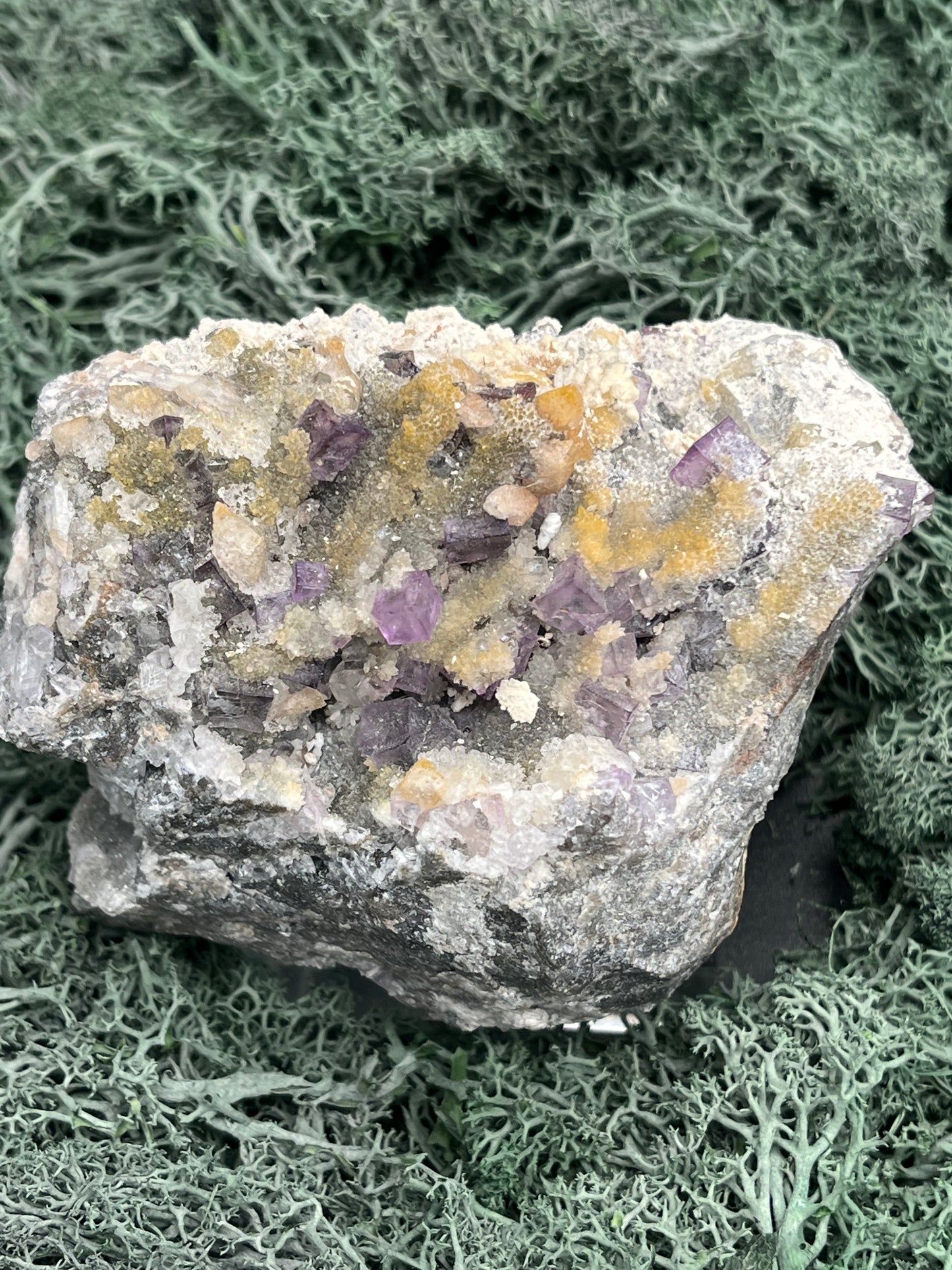 Violetter Fluorit aus Mexiko mit weissen und gelben Quarz Anlagerungen (518g) - Handstufe mit vielen Fluoritwürfeln - crystal paradise