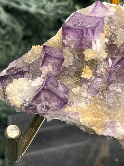 Violetter Fluorit aus Mexiko mit weissen und gelben Quarz Anlagerungen (63g) - Stufe mit schönen Fluoritwürfeln - crystal paradise