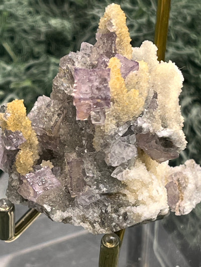 Violetter Fluorit aus Mexiko mit weissen und gelben Quarz Anlagerungen (47g) - Stufe mit schönen Fluoritwürfeln - crystal paradise