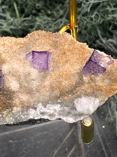 Violetter Fluorit aus Mexiko mit weissen und gelben Quarz Anlagerungen (37g) - Handstufe mit stark violetten Fluoritwürfeln - crystal paradise