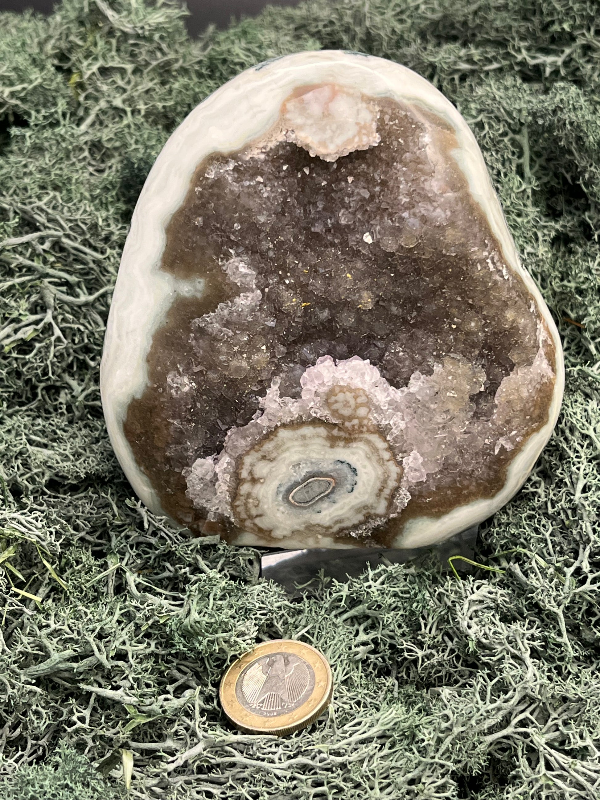 Achatisierter Amethyst Druse aus Uruguay (744g) - wunderschöne Achatisierungen und Blume bei goldenen Kristallen - crystal paradise